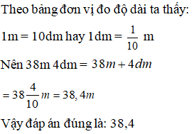 Điền đáp án đúng vào ô trống:  Viết số đo sau dưới dạng số thập phân (gọn nhất).  38m 4dm= … m (ảnh 1)
