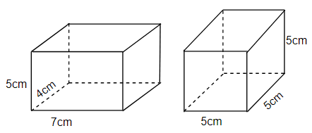  Cho hình hộp chữ nhật và hình lập phương như hình vẽ. Vậy thể tích của hình hộp chữ nhật? thể tích hình lập (ảnh 1)