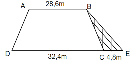  Một mảnh đất hình thang ABCD có đáy AB = 28,6m, đáy lớn CD = 32,4 m . Người ta kéo dài đáy lớn thêm một (ảnh 1)