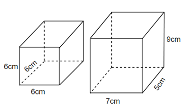 Cho hình hộp chữ nhật và hình lập phương như hình vẽ. Vậy thể tích của hình hộp chữ nhật? Thể tích hình lập phương. (ảnh 1)