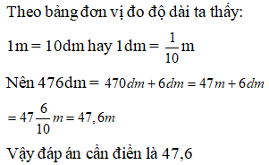 Điền đáp án đúng vào ô trống:  Viết số thập phân (gọn nhất) thích hợp vào ô trống sau: 476dm = … m (ảnh 1)