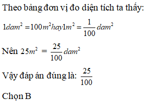 Lựa chọn đáp án đúng nhất: Viết số đo diện tích sau dưới dạng phân số thập phân: 25 m^2=... dam^2 (ảnh 1)
