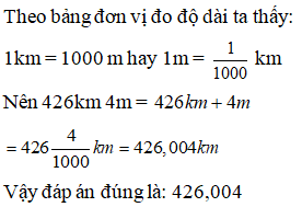 Điền đáp án đúng vào ô trống:  Viết số đo sau dưới dạng số thập phân (gọn nhất).  426km 4m= … km (ảnh 1)