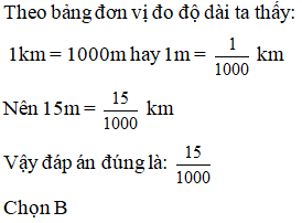 Viết số đo độ dài sau dưới dạng phân số thập phân: 15m = ? km  A. 15/ 100 B. 15/ 1000 (ảnh 1)