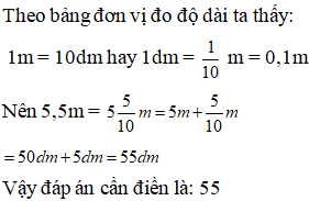 Điền đáp án đúng vào ô trống: Viết số thích hợp vào ô trống sau: 5,5 m = … dm (ảnh 1)