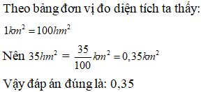 Điền đáp án đúng vào ô trống: Viết số đo sau dưới dạng số thập phân (gọn nhất). 35hm^2= km^2 (ảnh 1)