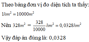 Điền đáp án đúng vào ô trống: Viết số đo diện tích sau dưới dạng số thập phân (gọn nhất). 328 km^2=.. hm^2 (ảnh 1)