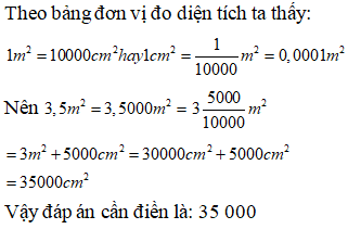 Điền đáp án đúng vào ô trống: Viết số thích hợp vào ô trống sau 3, 5 m^2=... cm^2 (ảnh 1)