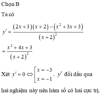Hàm số y= x^2 + 3x+3/ x+2 có bao nhiêu điểm cực trị? (ảnh 1)