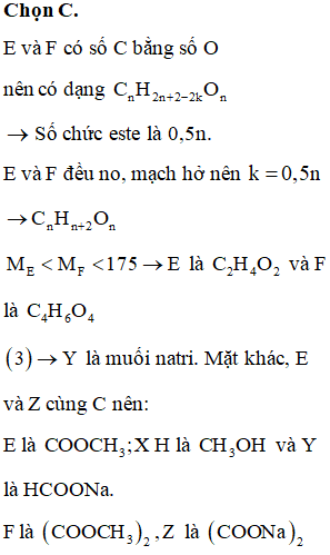 Cho các sơ đồ phản ứng: (1) E + NaOH -> X + Y;  (2) F + NaOH -> X + Z (ảnh 1)