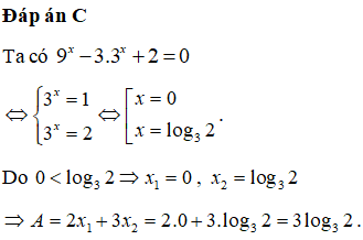 Phương trình 9^x-3.3^x+2 = 0 có hai nghiệm x1, x2 (x1<x2). Giá trị (ảnh 1)