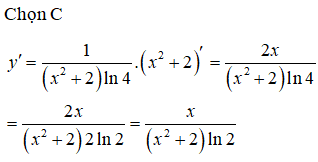 Tìm đạo hàm của hàm số y = logarit cơ số 4 của (x^2+2). (ảnh 1)