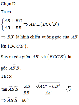 Cho hình lăng trụ đứng ABC.A’B’C’ có đáy ABC là tam giác vuông tại B (ảnh 1)
