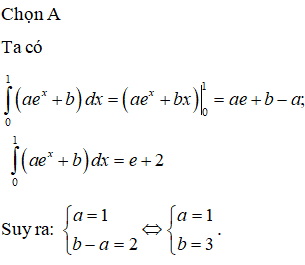Nếu các số hữu tỉ a, b thỏa mãn tích phân từ 0 đến 1 của (ae^x+b)dx (ảnh 1)