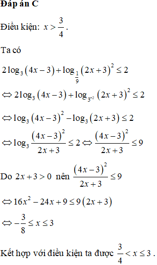 Bất phương trình 2 logarit cơ số 3 của (4x-3) + logarit cơ số 1/9 (ảnh 1)