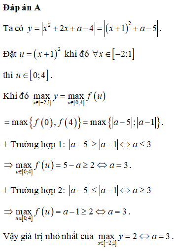 Cho hàm số y = |x^2+2x+a-4|. Giá trị a để giá trị lớn nhất của hàm số (ảnh 1)