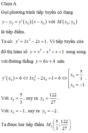 Có bao nhiêu tiếp tuyến của đồ thị hàm số y = x^3-x^2+x+1 song song (ảnh 1)