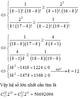 Hệ số lớn nhất của biểu thức P(x)=(1+x)(1+2x)^17 sau khi khai triển và (ảnh 2)