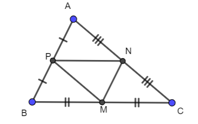 Cho tam giác ABC, với M; N ; P lần lượt là trung điểm của BC; CA; AB. Khẳng định nào sau đây sai? (ảnh 1)
