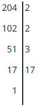 Kết quả khi phân tích 204 ra tích các thừa số nguyên tố: 2.3.17 (ảnh 1)