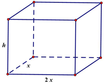 Người ta cần xây một bể chứa nước sản xuất dạng khối hộp chữ nhật không nắp có thể tích bằng 200 m3. Đáy bể là hình chữ nhật có chiều dài gấp đôi chiều rộng. Chi phí để xây bể là 300 nghìn đồng/m2 (chi phí được tính theo diện tích xây dựng, bao gồm diện tích đáy và diện tích xung quanh, không tính chiều dày của đáy và diện tích xung quanh, không tính chiều dày của đáy và thành bể). Hãy xác định chi phí thấp nhất để xây bể (làm tròn đến đơn vị triệu đồng). (ảnh 1)