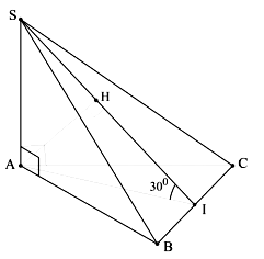Cho hình chóp S.ABC có đáy ABC là tam giác đều, Mặt phẳng (SBC) cách A một khoảng bằng a (ảnh 1)