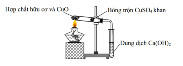 Cho hình vẽ mô tả thí nghiệm phân tích định tính hợp chất hữu (ảnh 1)