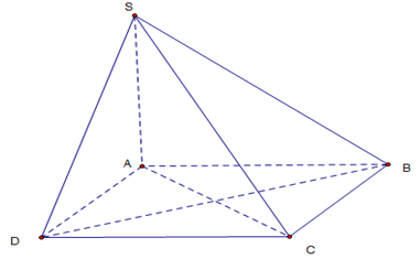 Cho hình chóp S.ABCD có đáy là hình vuông cạnh a vuông góc với mặt phẳng đáy và SA=a căn 2  (minh họa như hình bên dưới). (ảnh 1)
