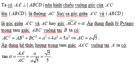 Cho hình hộp chữ nhật ABCD.A'B'C'D' có AB=AA'=a (ảnh 1)