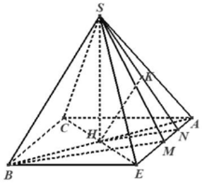 Cho hình chóp  S.ABC có đáy ABC  là tam giác vuông cân tại A,AB=AC=2a.  hình chiếu vuông góc của đỉnh S  lên mặt phẳng ABC  trùng với trung điểm   của cạnh   Biết   khoảng cách giữa 2 đường thẳng   và   là (ảnh 1)
