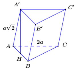 Cho hình lăng trụ có đáy là tam giác vuông cân tại B và. Hình chiếu vuông góc của trên mặt phẳng là trung điểm H của cạnh và . Thể tích của khối lăng trụ đã cho bằng:  (ảnh 1)