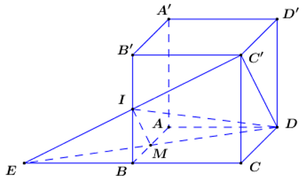 Cho hình lập phương , gọi I là trung điểm . Mặt phẳng chia khối lập phương thành 2 phần. Tính tỉ số thể tích phần bé chia phần lớn.  (ảnh 1)