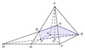Cho hình chóp tứ giác đều   có cạnh đáy bằng a cạnh bên hợp với đáy một góc   Gọi m là điểm đối xứng của C qua D (ảnh 1)