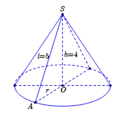 Thể tích của khối nón có chiều cao bằng 4 và đường sinh bằng 5 bằng (ảnh 1)