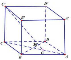 Cho hình hộp đứng  có đáy là hình thoi cạnh  Gọi \(G\) là trọng tâm của tam giác  góc tạo bởi \(C'G\) và mặt đáy bằng \({30^0}.\) Tính theo \(a\) thể tích khối hộp (ảnh 1)