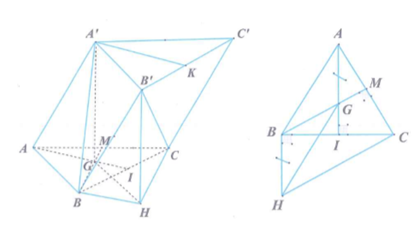Cho lăng trụ ABC.A'B'C' có đáy ABC là tam giác đều có cạnh bằng 4. Hình chiếu vuông góc của A'  trên mp ABC trùng với tâm của đường tròn ngoại tiếp tam giác ABC . Gọi M là trung điểm cạnh AC. Khoảng cách giữa hai đường thẳng BM và   bằng (ảnh 1)