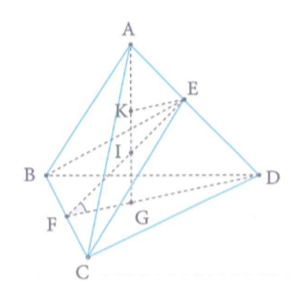 Cho tứ diện đều ABCD cạnh a. Mặt phẳng (P) chứa BC cắt cạnh AD tại E. Biết góc giữa hai mặt phẳng P và BCD có số đo là a thỏa mãn tana = 5 căn bậc 2 của 2/ . Gọi thể tích của hai tứ diện ABCE và BCDE lần lượt là  . Tính tỉ số  (ảnh 1)