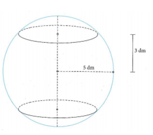 Một khối cầu có bán kính là 5 (dm), người ta cắt bỏ hai phần của khối cầu bằng hai mặt phẳng song song cùng vuông góc đường kính và cách tâm một khoảng 3 (dm) để làm một chiếc lu đựng nước (như hình vẽ). Thể tích chiếc lu bằng (ảnh 1)