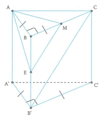 Cho lăng trụ đứng tam giác ABC.A'B'C' có đáy là một tam giác vuông cân tại B, AB = BC = a, AA' = a căn bậc 2 của 2,M là trung điểm BC. Tính khoảng cách giữa hai đường thẳng AM và B'C. (ảnh 1)