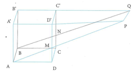 Cho hình hộp ABCD. A'B'C'D' có thể tích V, gọi M, N là hai điểm thỏa mãn vecto D'M = 2 vecto MD, vecto C'N = 2 vecto NC, đường thẳng AM cắt đường A'D' tại P, đường thẳng BN cắt đường thẳng B'C' tại Q. Thể tích của khối PQNMD'C' bằng (ảnh 2)