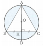 Cho tam giác ABC đều cạnh a và nội tiếp trong đường tròn tâm O, AD là đường kính của đường tròn tâm O. Thể tích của khối tròn xoay sinh ra khi cho phần tô đậm (hình vẽ bên) quay quanh đường thẳng AD bằng (ảnh 1)