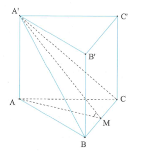 Cho hình lăng trụ đứng ABC.A'B'C'  có đáy là tam giác vuông cân, biết AB = AC = a . Góc tạo bởi mặt phẳng A'BC  và mặt phẳng đáy bằng 45 độ (ảnh 1)