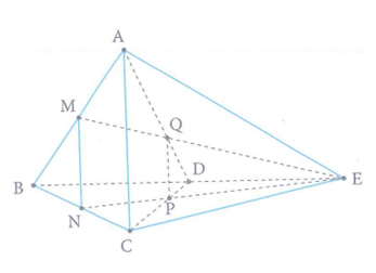 Cho tứ diện đều  ABCD có cạnh bằng a . Gọi M,N lần lượt là trung điểm của các cạnh AB và BC .E là điểm đối xứng với B qua D . Mặt phẳng MNE chia khối tứ diện ABCD  thành hai khối đa diện, trong đó khối đa diện chứa đỉnh   có thể tích  . Khi đó,   bằng (ảnh 1)
