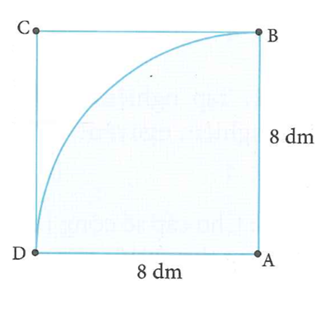 Từ miếng tôn hình vuông ABCD cạnh bằng 8dm, người ta cắt ra hình quạt tâm A bán kính AB = 8dm  (như hình vẽ) (ảnh 1)