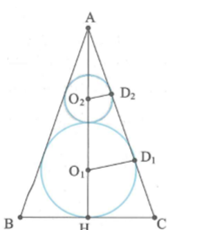 Người ta đặt được vào một hình nón hai khối cầu có bán kính lần lượt là a và 2a sao cho các khối cầu đều tiếp xúc (ảnh 1)