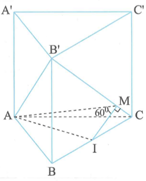 Cho hình lăng trụ  ABC.A'B'C' có đáy là tam giác ABC vuông cân tại  A, BC=4a , AA' vuông góc với mặt phẳng (ABC)  . Góc giữa (AB'C)  và (BB'C) bằng 60 độ . Thể tích lăng trụ   bằng: (ảnh 1)