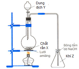 Cho mô hình thí nghiệm dùng để điều chế SO2 trong phòng thí nghiệm như hình vẽ. Hỏi X và Y là chất gì? (ảnh 1)