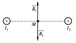 Cho hai dòng điện có cường độ I1=I2=5A chạy trong hai dây dẫn thẳng, dài, song song, (ảnh 1)