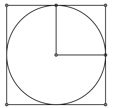 Trên mặt phẳng, cho hình vuông có cạnh bằng 2. Chọn ngẫu nhiên một điểm thuộc hình vuông đã cho (kể cả các điểm nằm trên cạnh của hình vuông). Gọi  là xác suất để điểm được chọn thuộc vào hình tròn nội tiếp hình vuông đã cho (kể cả các điểm nằm trên đường tròn nội tiếp hình vuông), giá trị gần nhất của  là  (ảnh 1)