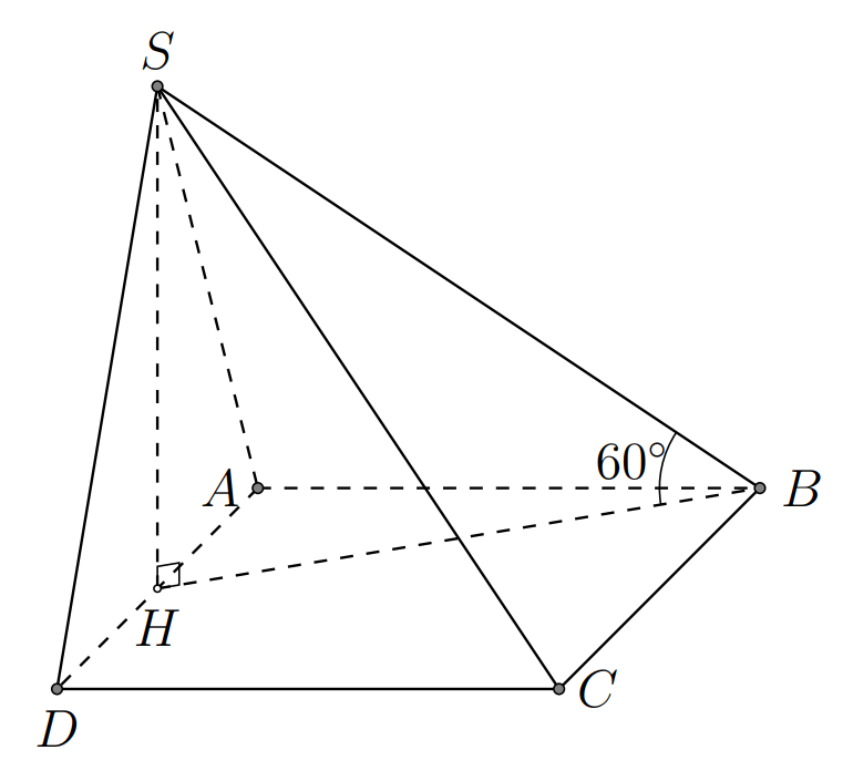 Cho hình chóp  có đáy là vuông cạnh  hình chiếu vuông góc của  lên mặt phẳng  trùng với trung điểm của cạnh  cạnh bên  hợp với đáy một góc  Tính theo  thể tích  của khối chóp  (ảnh 1)